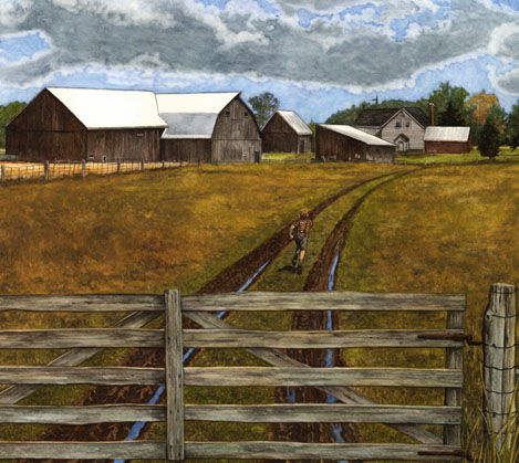 The James Homestead, painting, barns, farmhouse, old fence, running boy